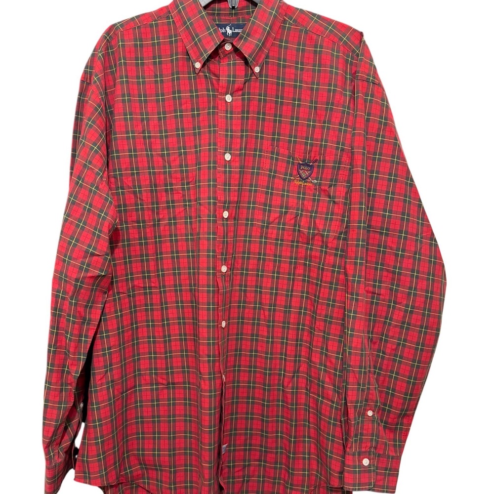 Polo Ralph Lauren Mens Red Plaid Golf Crest Button Down Shirt Large Cotton VTG